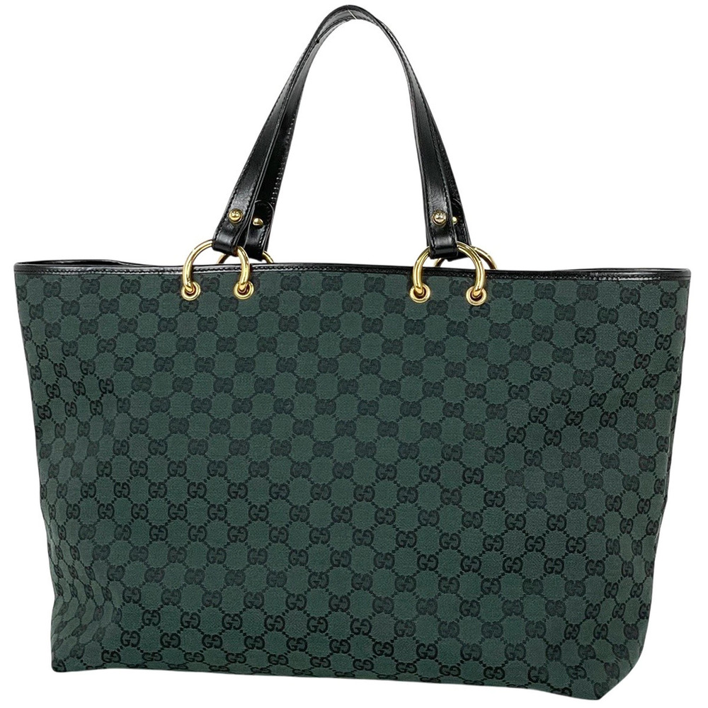 Gucci green black GG canvas shopper tote black leather trim